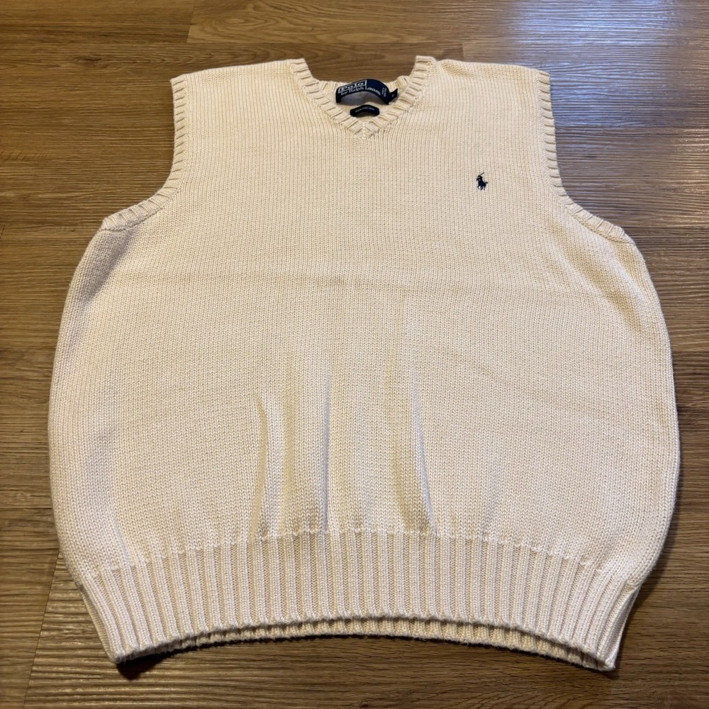 Vintage Polo Ralph Lauren Sweater Vest Mens L Cream Ivory Knit Cotton Hong Kong